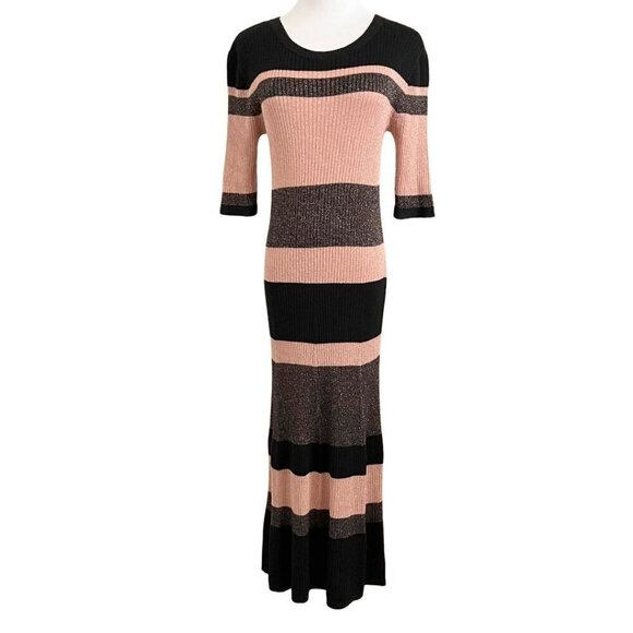 MASSIMO DUTTI BLACK BRONZE GOLD PINK METALLIC STRIPED MIDI RIBBED KNIT DRESS - L - Picture 1 of 7